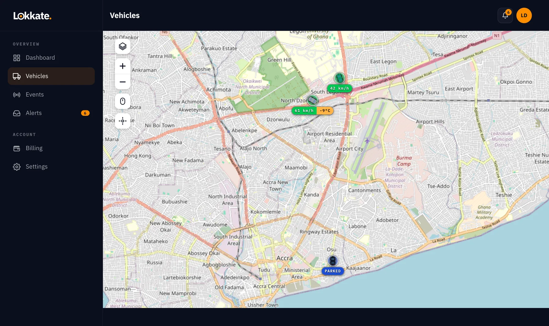 Lokkate fleet dashboard with vehicles on a map of Accra