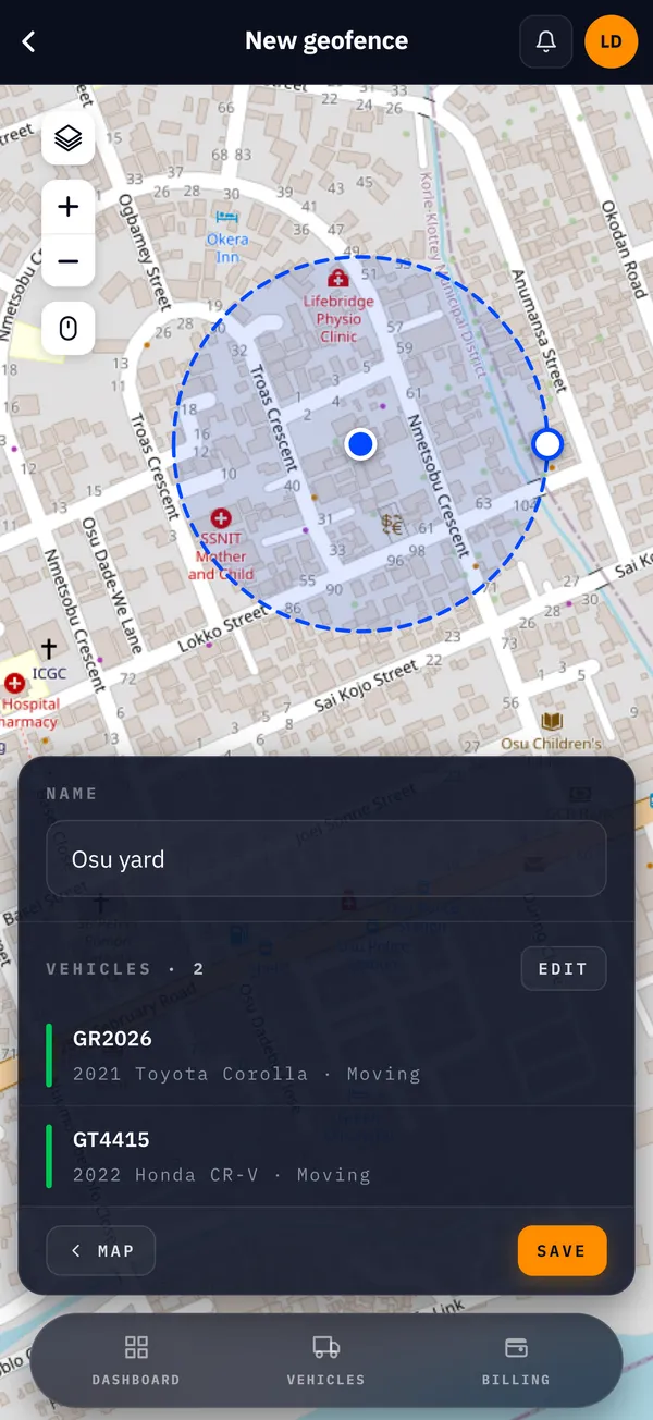 Geofence alert screen