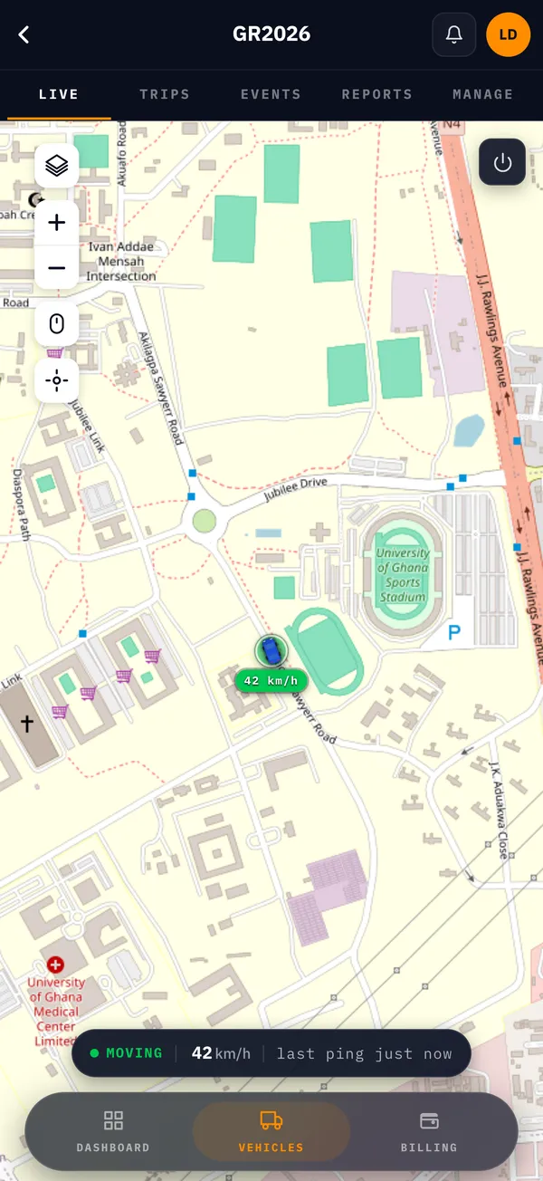 Live position of a moving vehicle