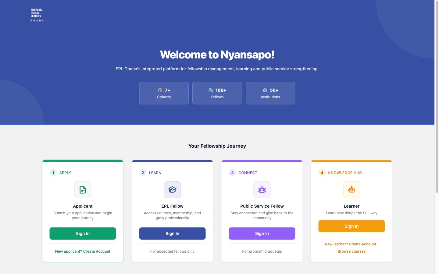 Nyansapo, EPL Ghana's platform, showing the journey from applicant to fellow to alumni