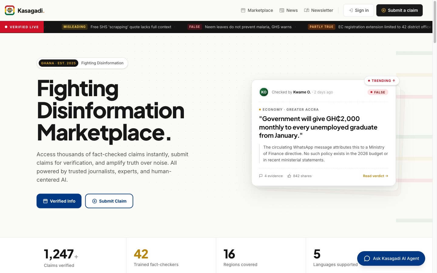 Kasagadi homepage, Fighting Disinformation Marketplace