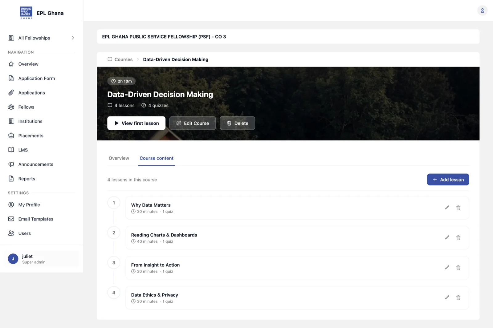 Data-Driven Decision Making course with four lessons and quizzes
