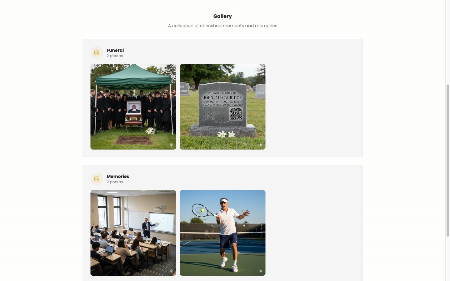 A memorial's photo gallery, with albums for the funeral and for memories