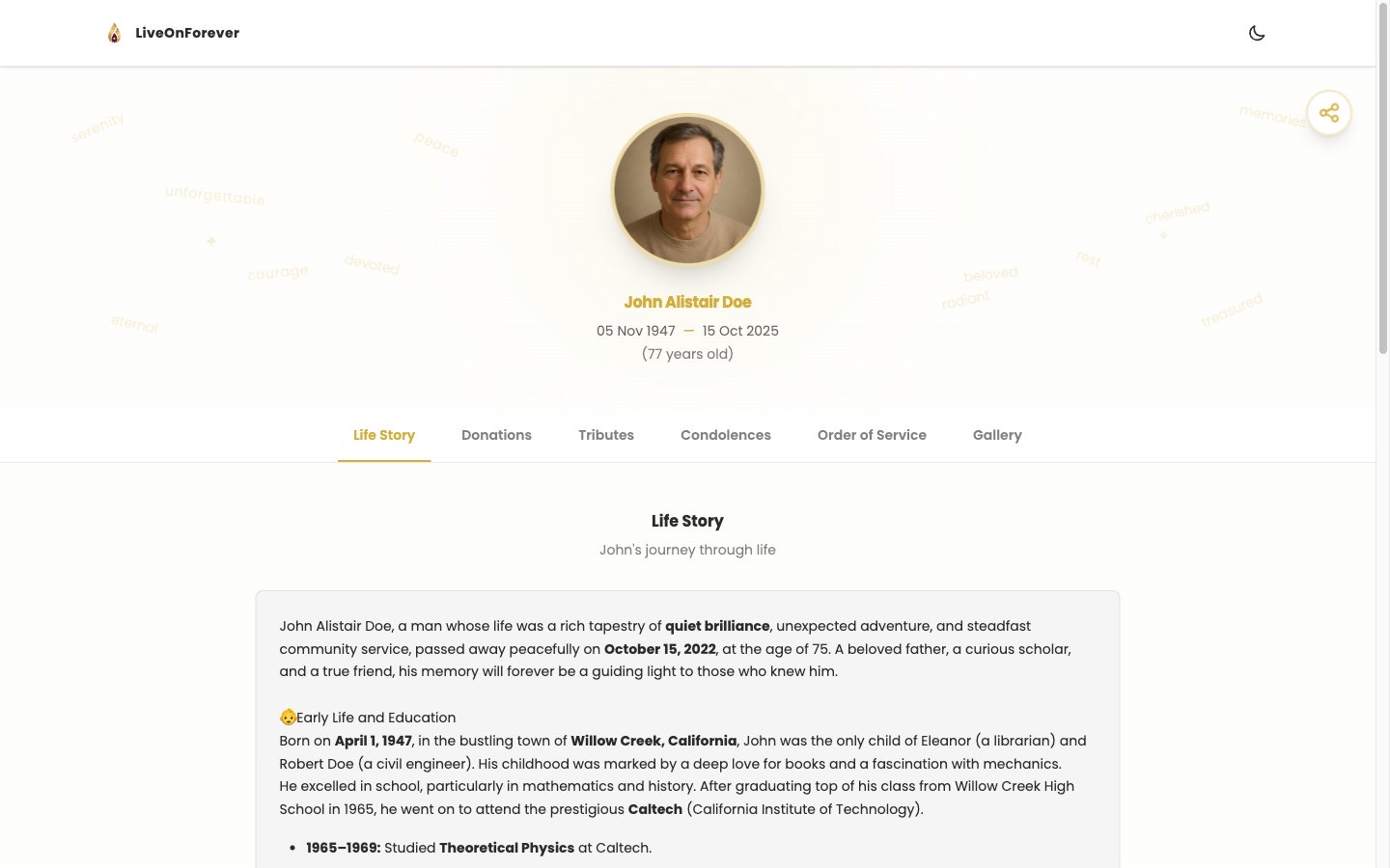 Memorial page for John Alistair Doe with tabs for life story, donations, tributes, condolences, order of service and gallery